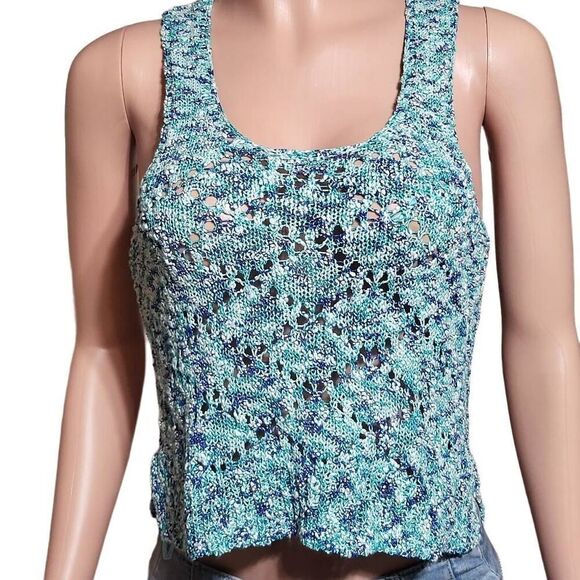 Asymmetrical crew neck water blue sleeveless crochet tank top M - Picture 6 of 7